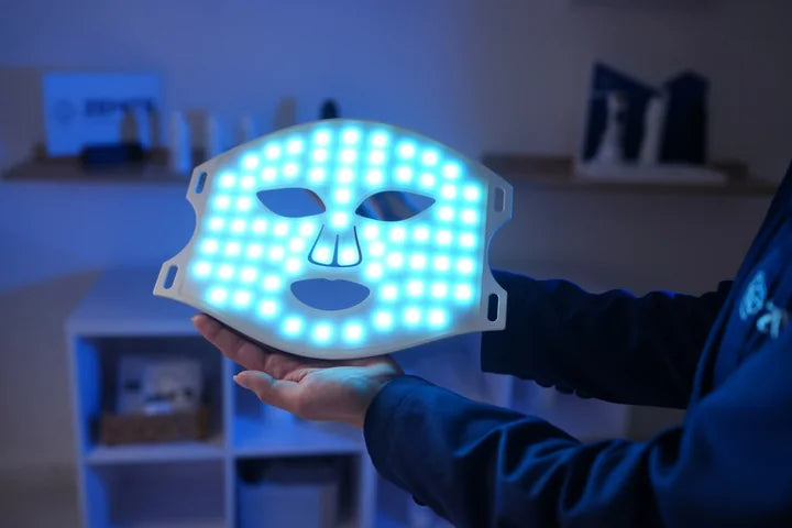 MaiSkin LED mask illuminated in blue mode