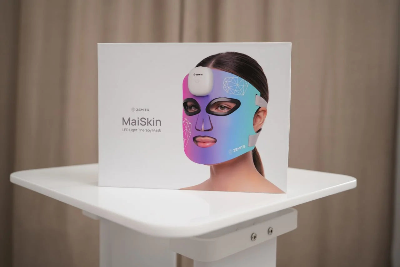 Boxed Zemits MaiSkin LED Light Therapy Mask displayed as a professional retail product