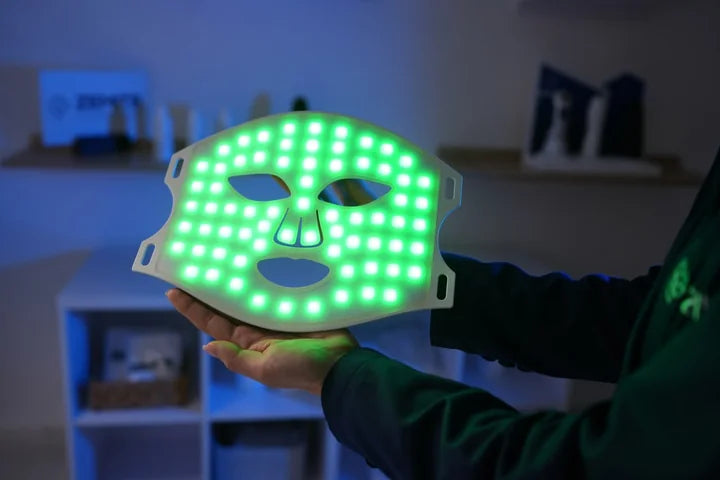 MaiSkin LED mask illuminated in green mode